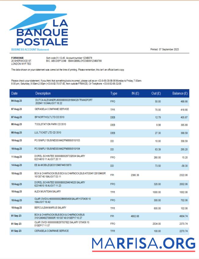 Downloadable La Banque Postale firm bank statement Word and PDF template